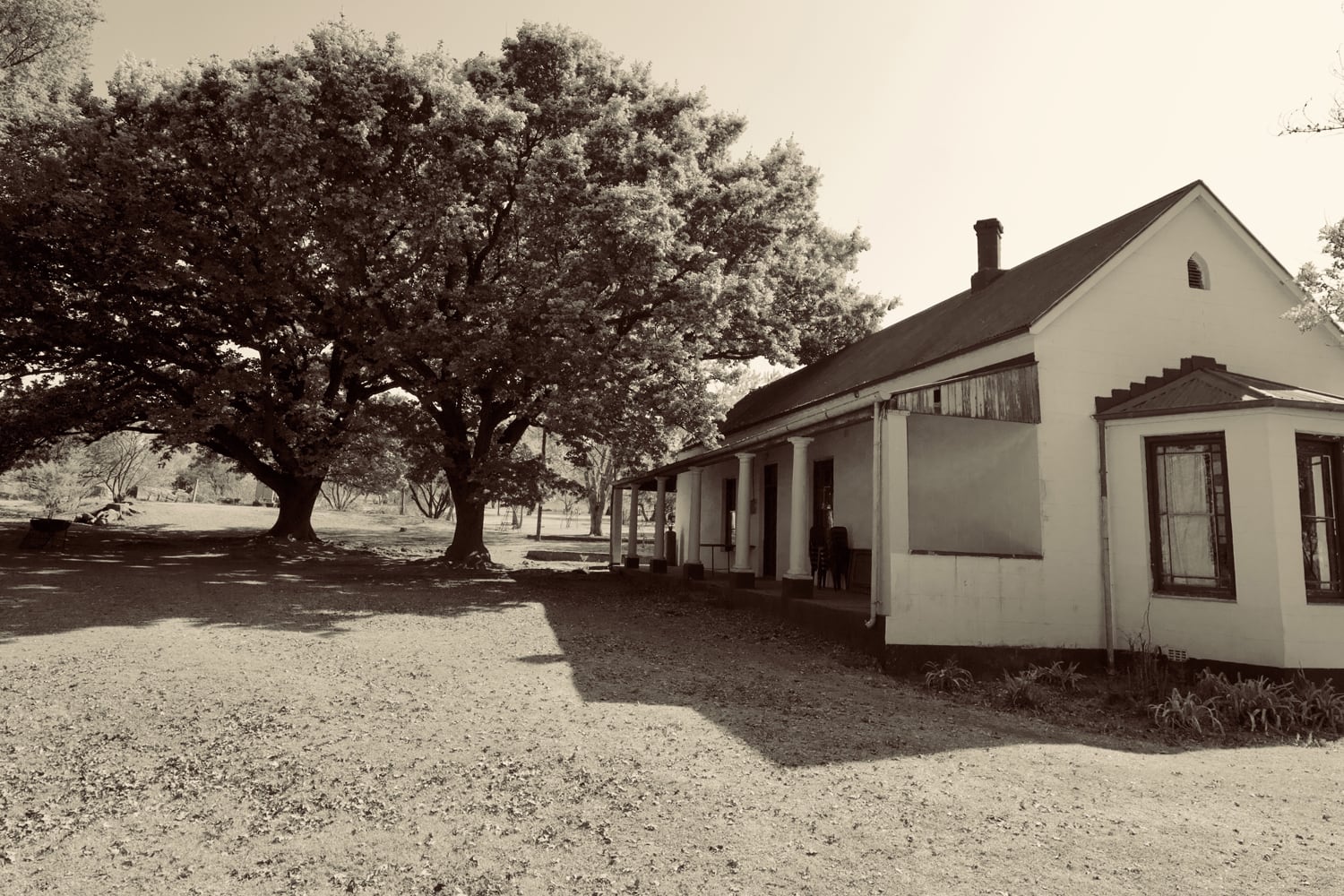 A sepia-toned photo shows an old house with white walls and a porch, sitting in a dirt yard. Large leafy trees cast shadows beside the house. Sunlight highlights the peaceful rural setting, evoking a nostalgic, historic atmosphere.